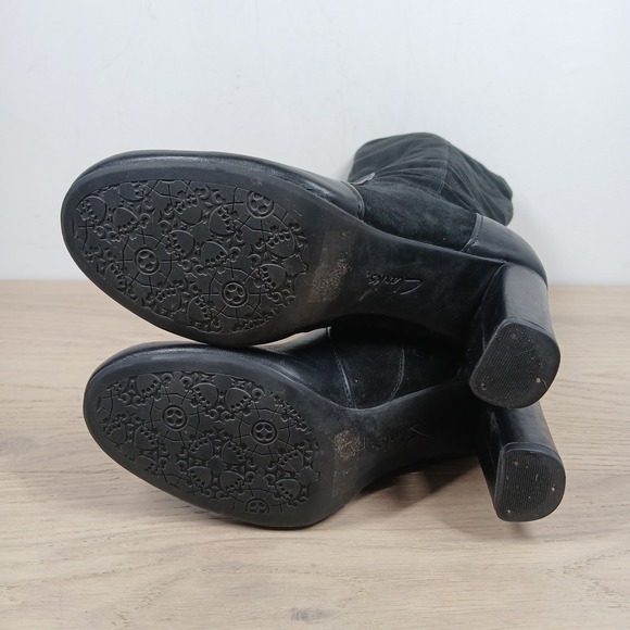 Clarks Indigo Knee High Boots Women 6.5 Black Leather Round Toe Heel Tall Boots - Picture 9 of 13